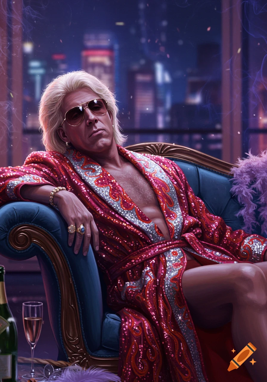 A man resembling Rick Flair lounges in a sequined red robe on a blue armchair, overlooking a city at night.