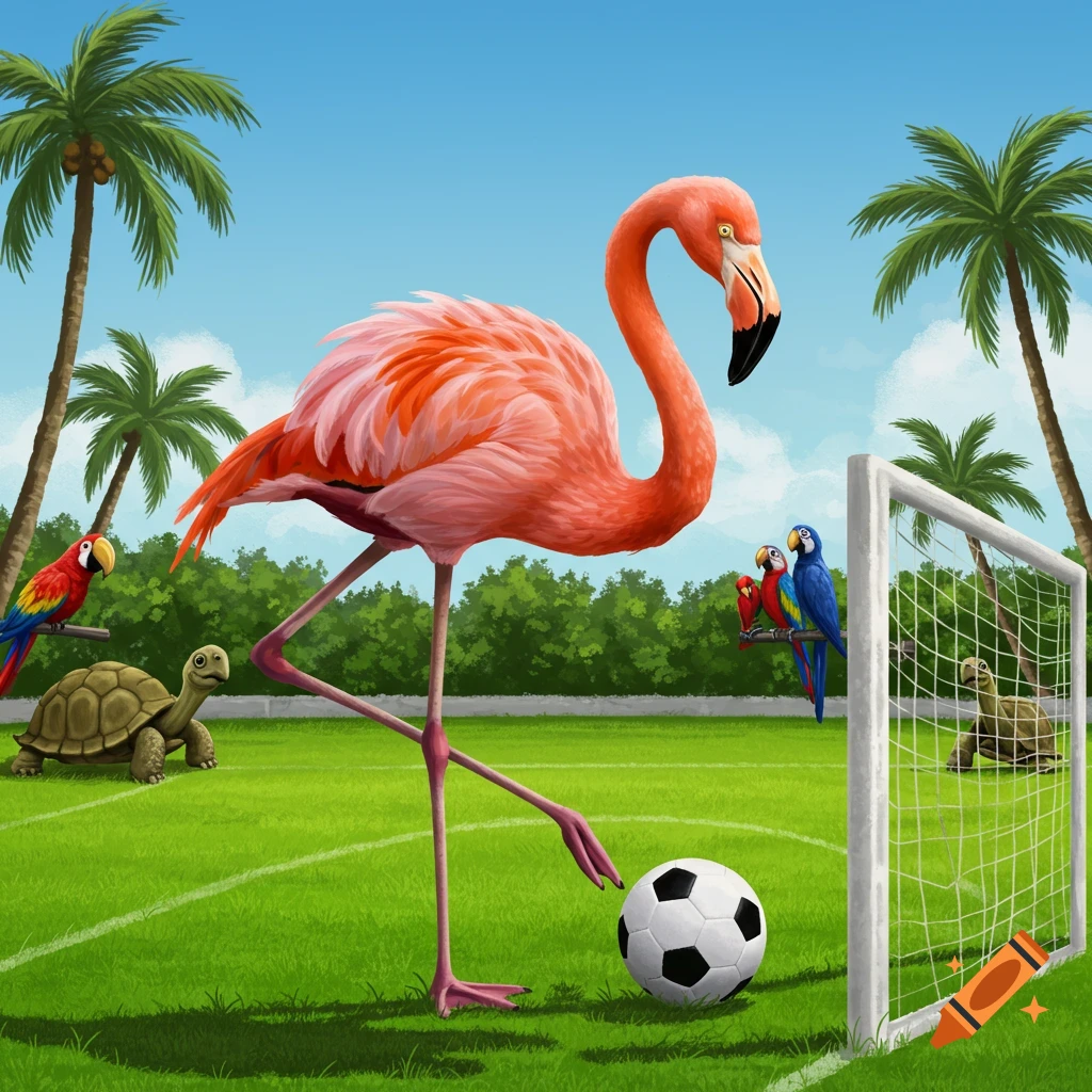 Cartoon flamingo playing football on a grassy field with a soccer ball, as parrots and turtles watch under palm trees.