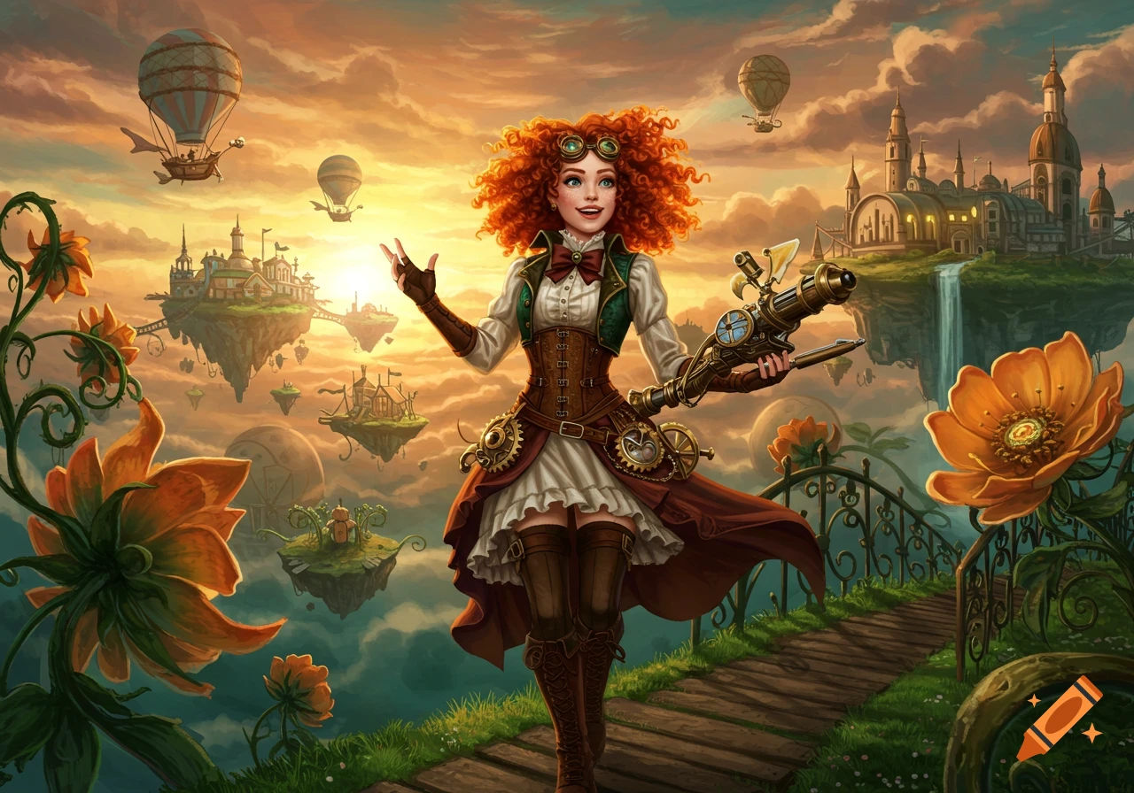 A smiling steampunk woman with red hair and goggles holds a weapon amidst large flowers, with floating islands and hot air balloons in a sunset sky.