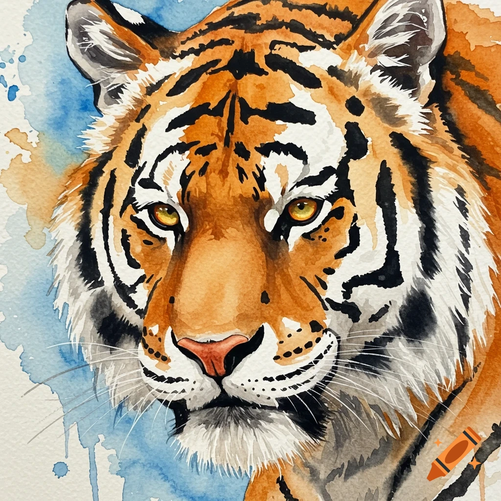 A detailed watercolor painting of a tiger's face with orange and black stripes against a blue and white background.