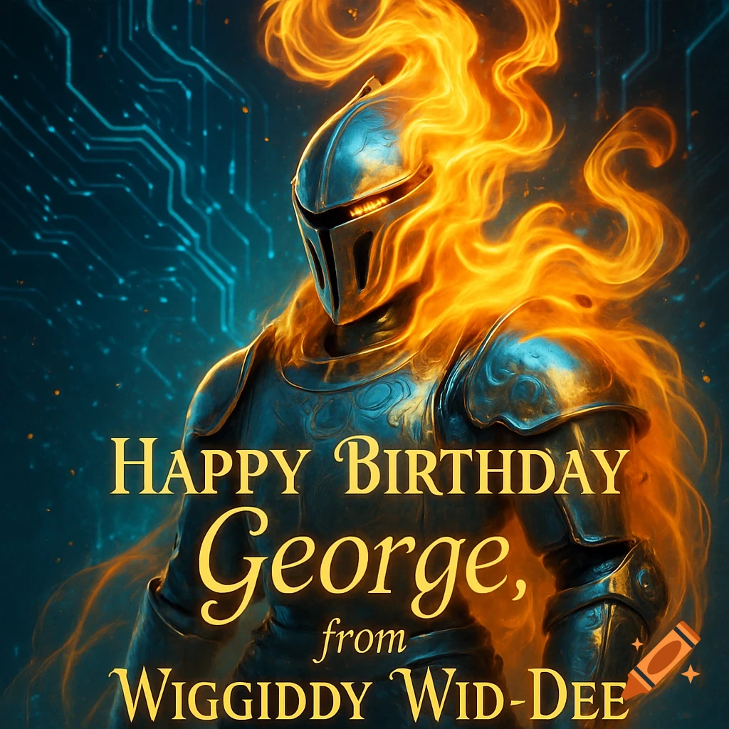 A knight-like figure in armor engulfed in golden flames against a blue circuit board background. Text reads 'HAPPY BIRTHDAY George, from Wiggiddy Wid-Dee'.