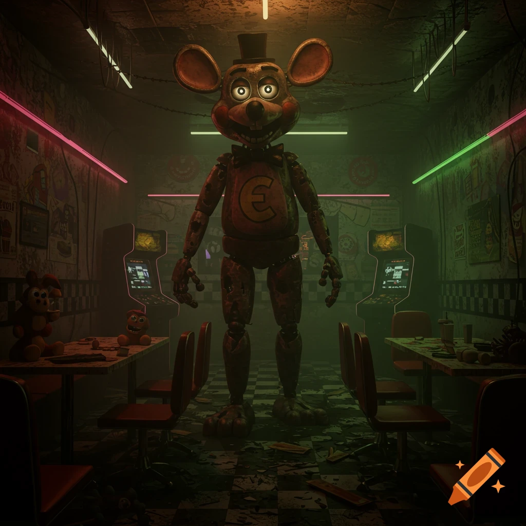 A large, creepy animatronic mouse in a top hat and bow tie stands in a dilapidated, dimly lit arcade with neon lights.
