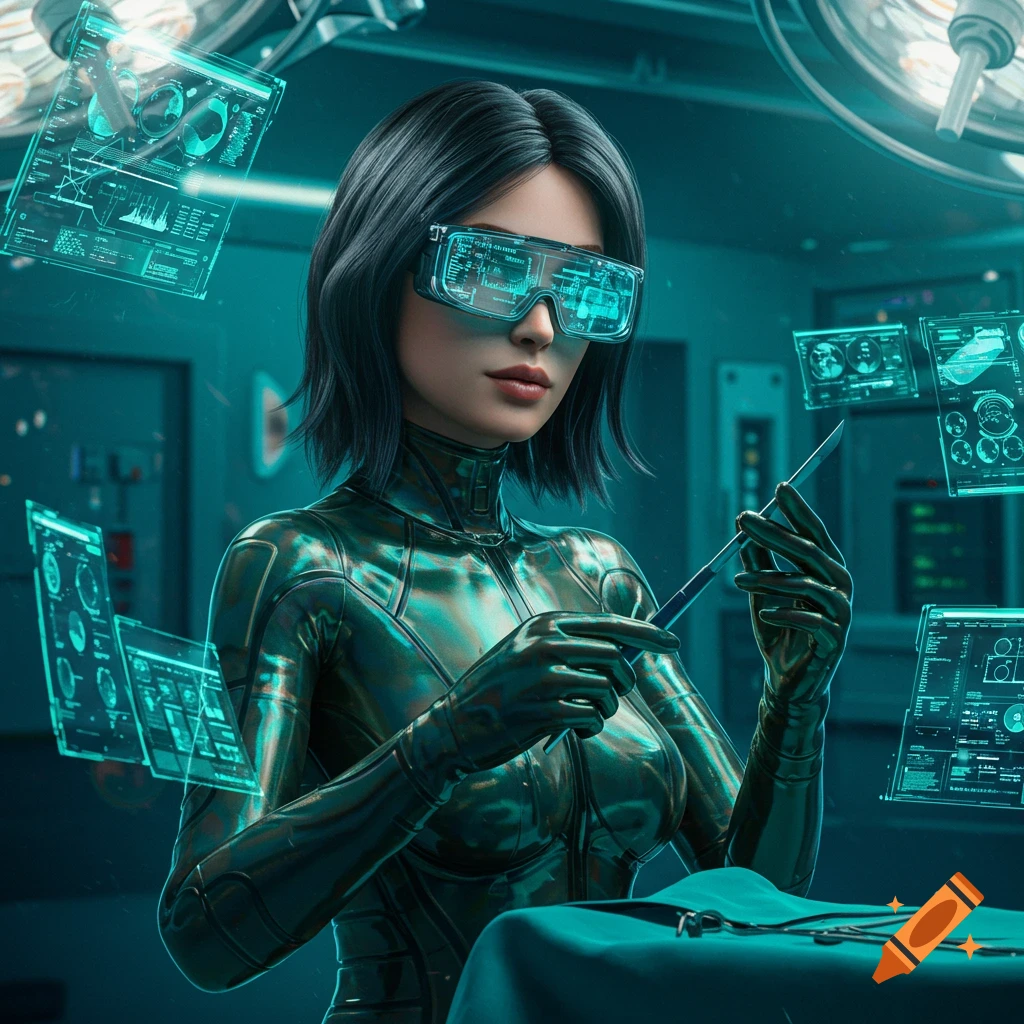 Woman in futuristic suit and glowing goggles holds a scalpel in a teal-lit operating room with holographic displays.