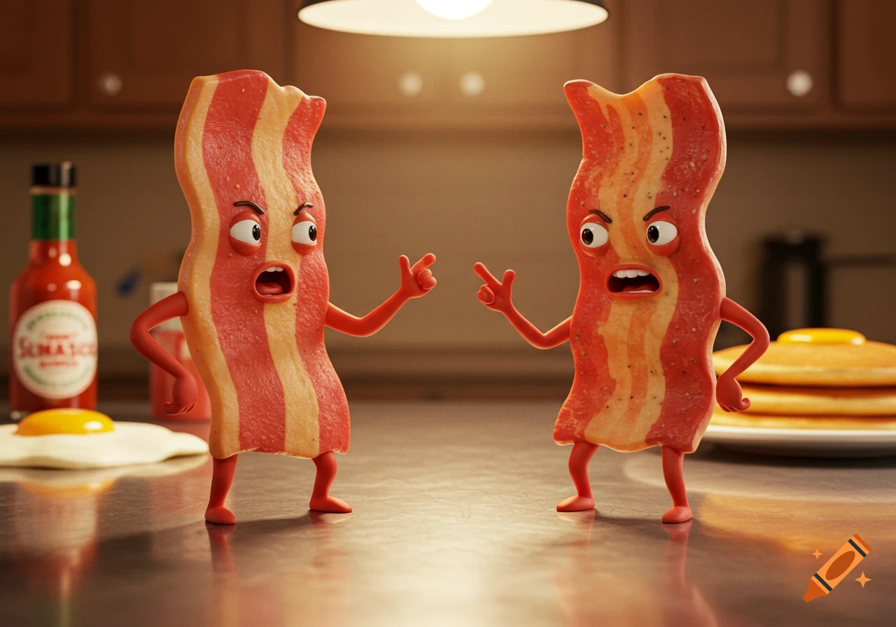 Two angry cartoon bacon strips with faces and arms argue in a kitchen, with a fried egg and pancakes.