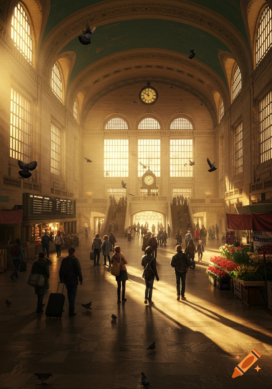 Sunlight streams through large windows into a grand, bustling train station with people, pigeons, and high arched ceilings.