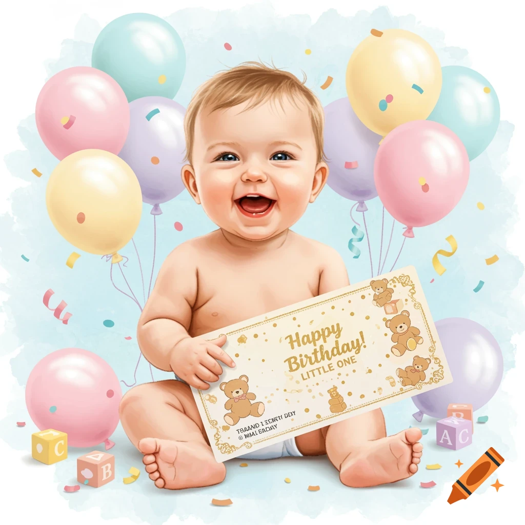 A happy baby sits with pastel balloons and confetti, holding a birthday card that says 'Happy Birthday! LITTLE ONE'. Illustrated in a cute style.