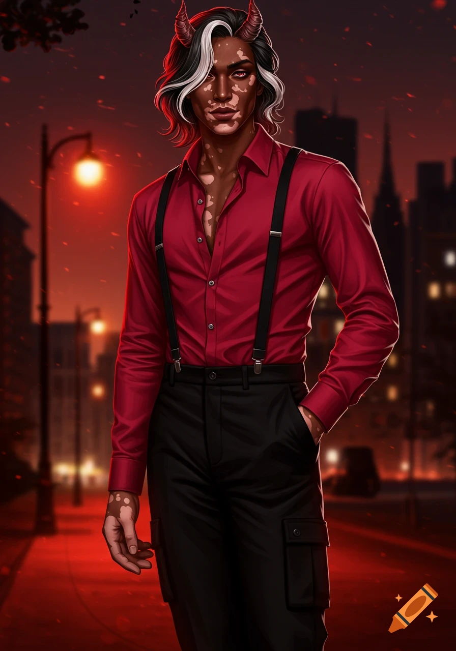 A dark-skinned man with vitiligo, demon horns, and white-streaked black hair, wearing a red shirt and black suspenders, stands in a city at dusk.