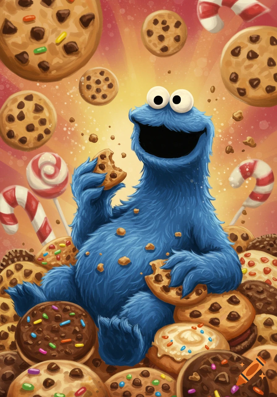 Happy Cookie Monster eats a cookie, surrounded by many cookies and candy in a colorful, illustrative style.