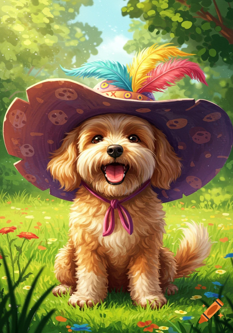 A cute, fluffy brown dog sits in a sunny field, wearing a purple hat with colorful feathers, smiling with its tongue out. Vibrant cartoon illustration.
