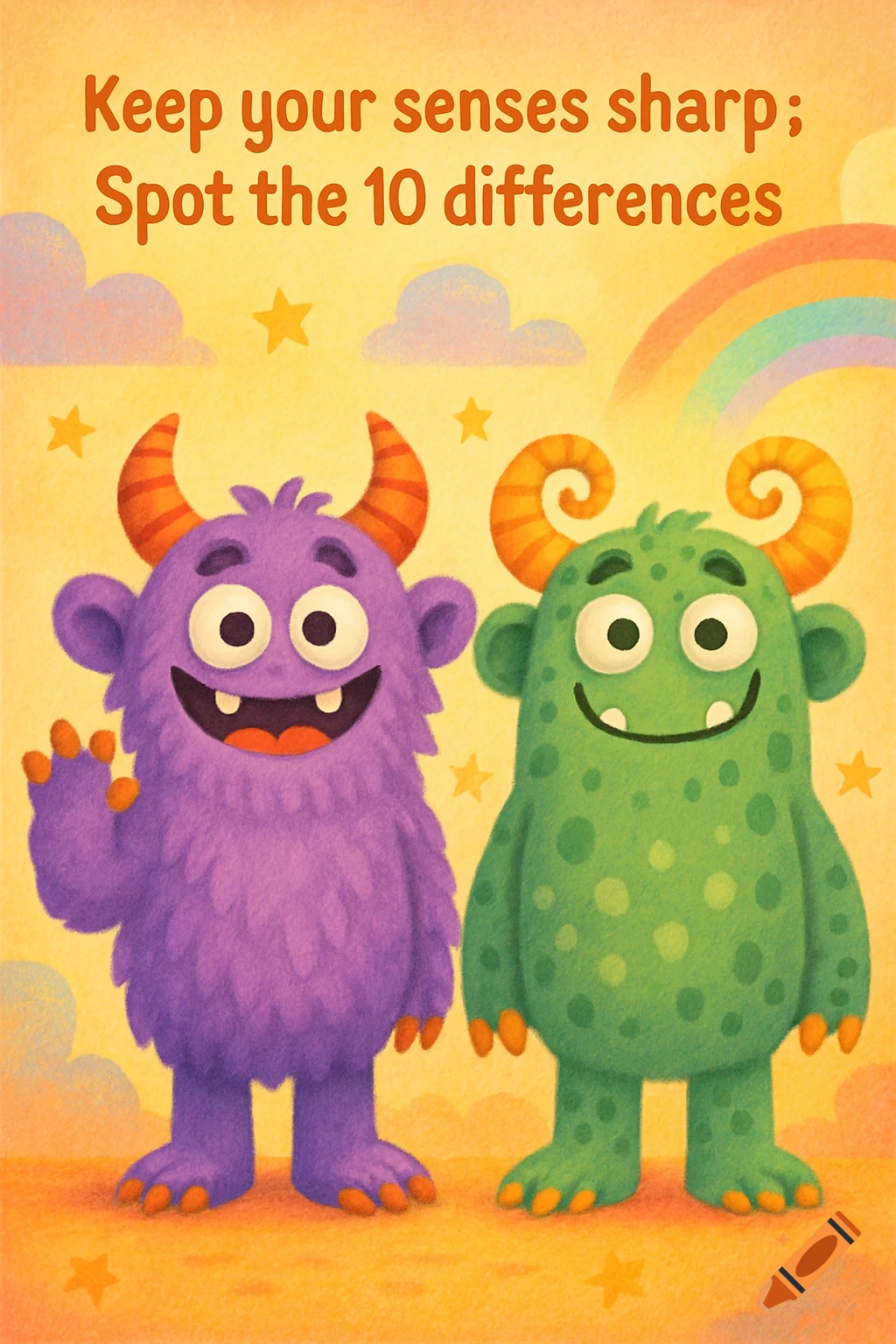 A colorful illustration with two friendly cartoon monsters, one purple and one green, standing on a yellow background with stars, clouds, and a rainbow. The text at the top reads, "Keep your senses sharp; Spot the 10 differences."