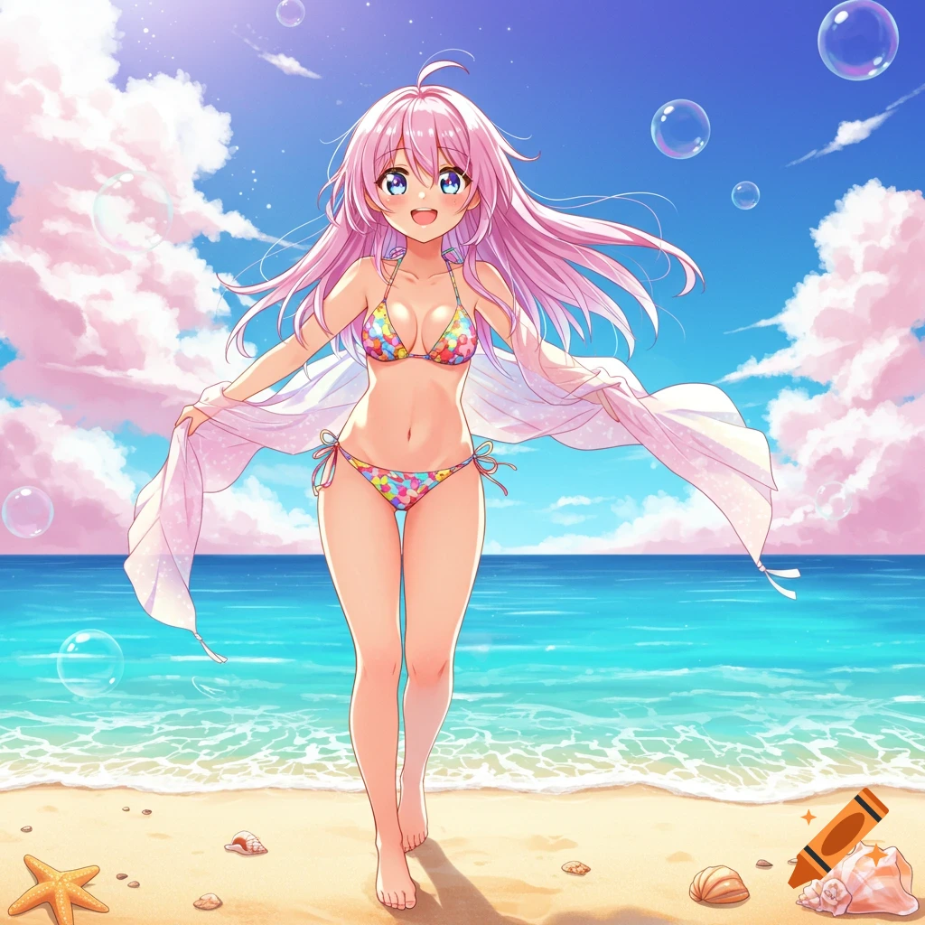 Anime girl with pink hair in a colorful bikini smiles while walking on a sandy beach with blue water, pink clouds, and bubbles.