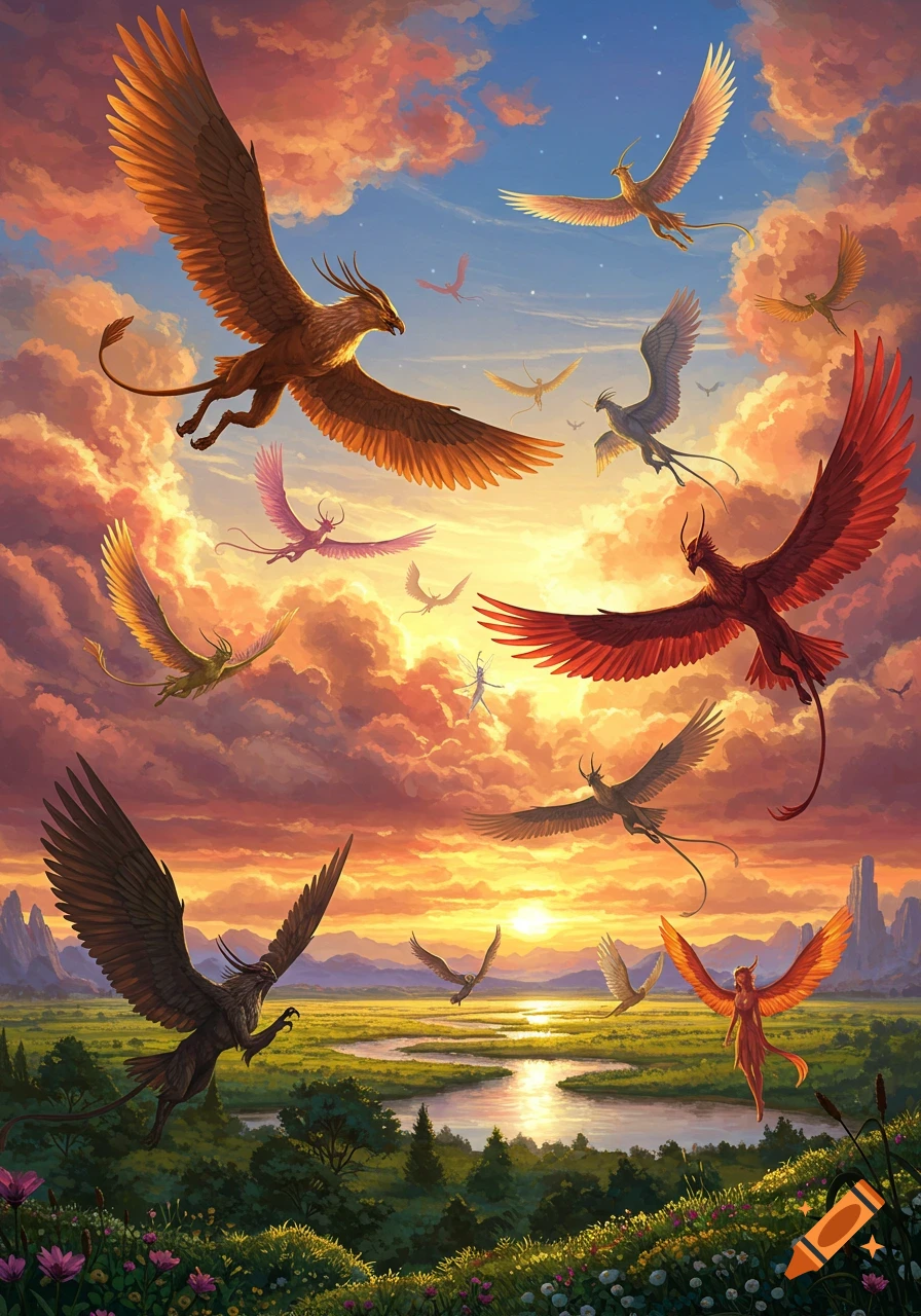 Many colorful mythical winged creatures, including gryphons and winged humanoids, fly over a vibrant, lush landscape during a fiery sunset.