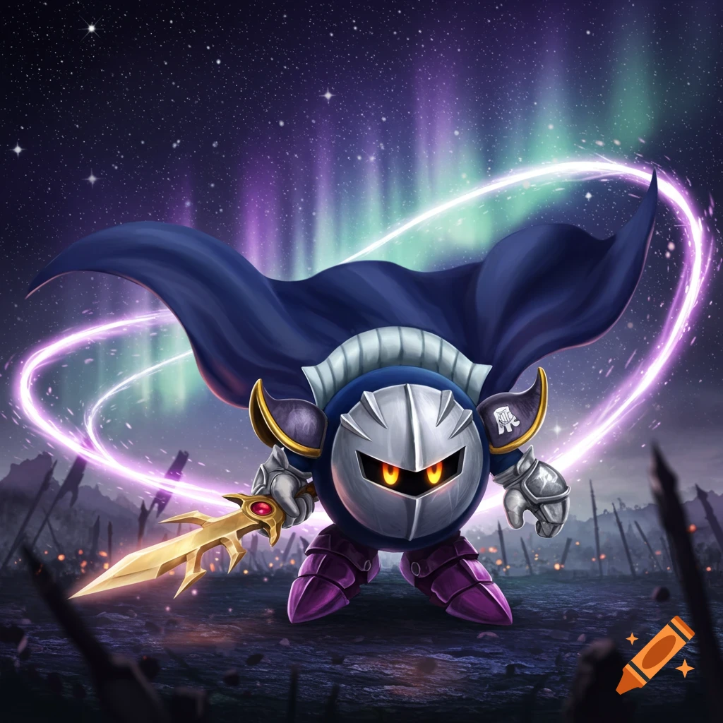 Meta Knight, a dark blue armored character with glowing yellow eyes and a flowing cape, holds a golden sword under a starry night sky with aurora borealis.