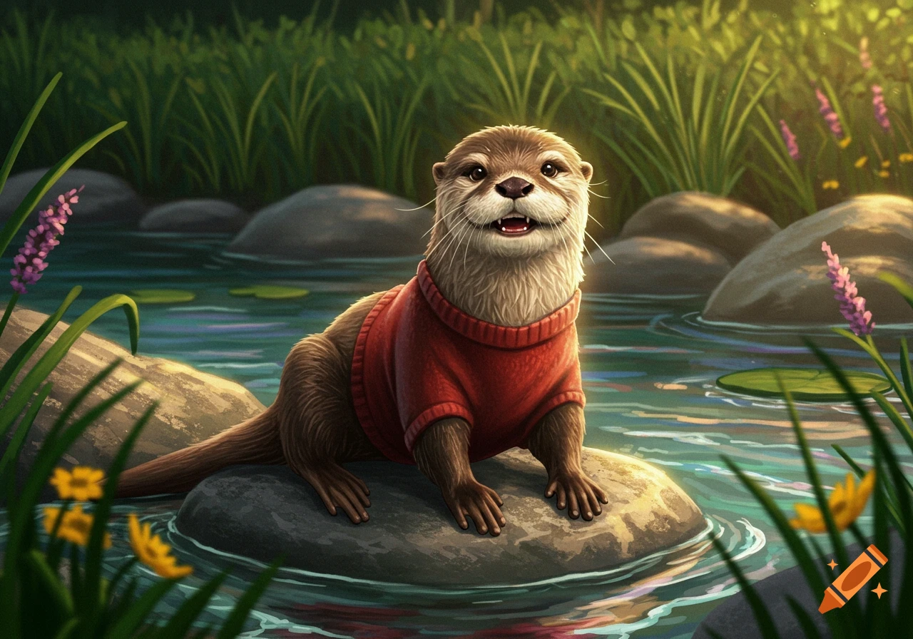 A cute otter wearing a red sweater stands on a rock in a shallow stream with lush green plants.