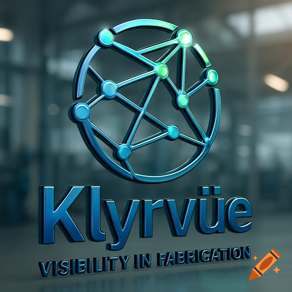 A glossy blue and green 3D logo for Klyrvüe with a stylized globe of interconnected nodes. Text below reads 'Visibility in Fabrication'.