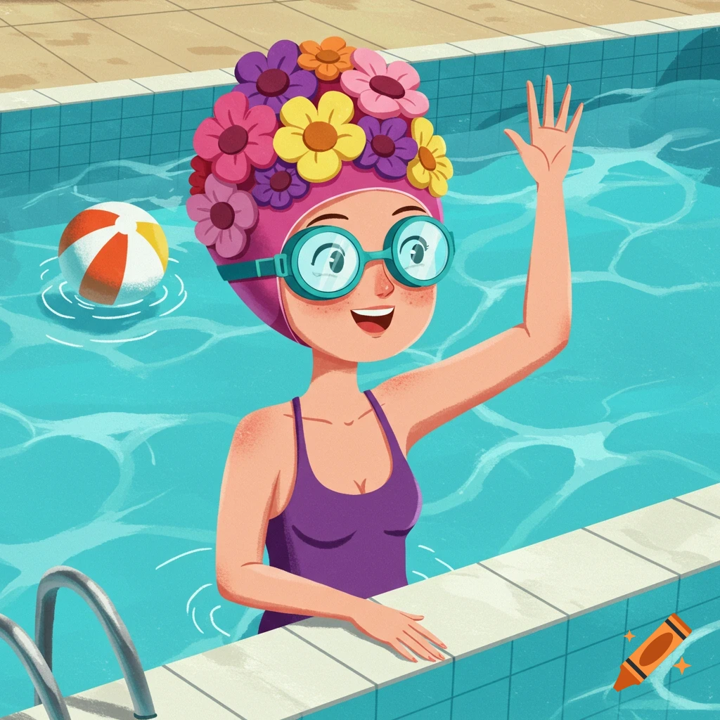 A cartoon woman with a flowered swimming cap and goggles waves while in a swimming pool with a beach ball.