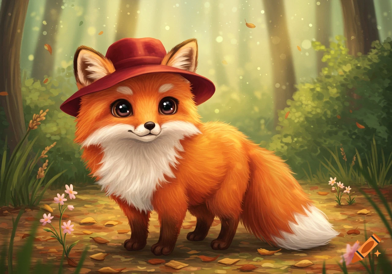 A cute, fluffy orange fox wearing a red hat stands in a sun-dappled forest clearing, rendered in a whimsical, illustrative style.