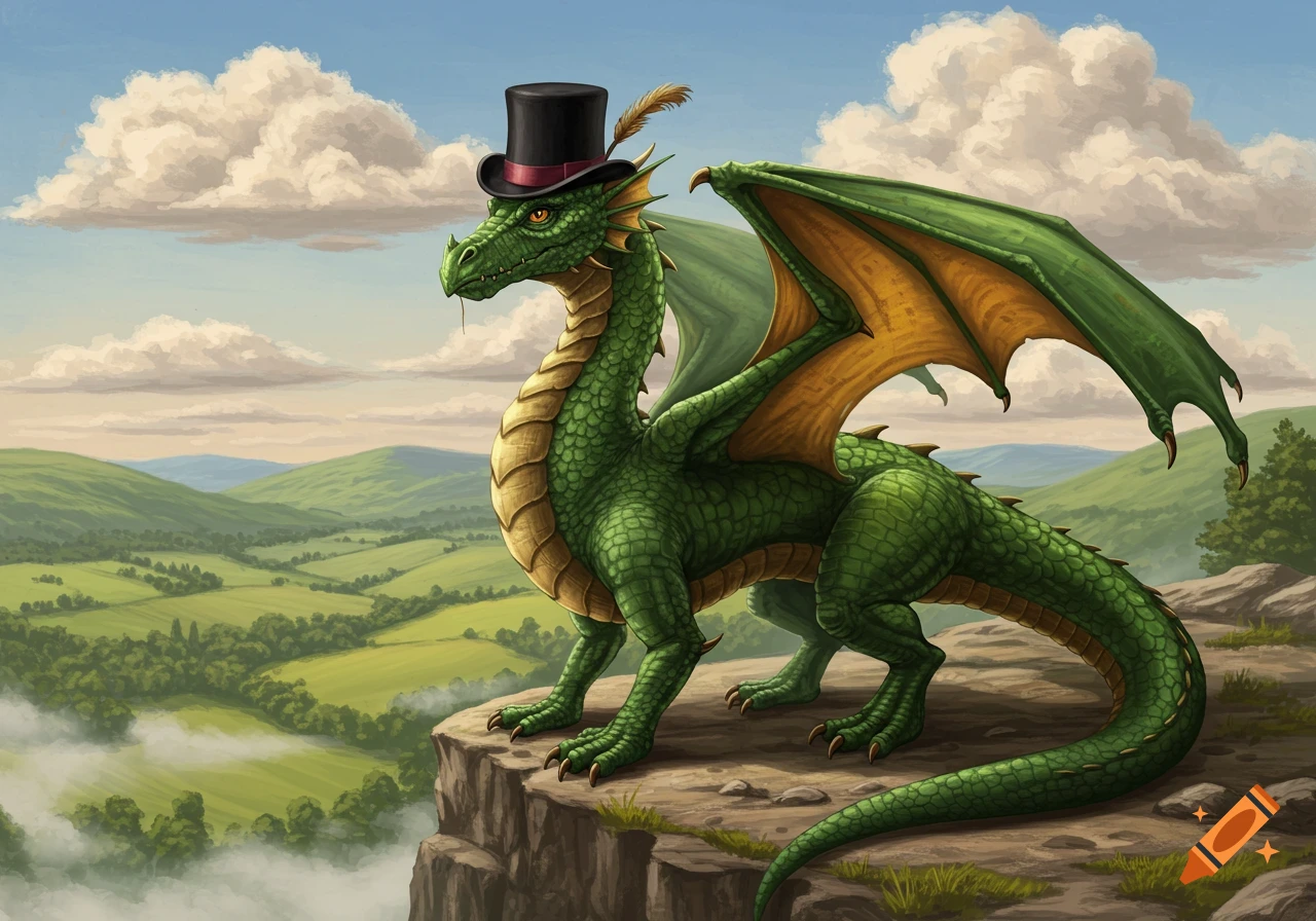 A majestic green dragon with a black top hat and feather perches on a cliff overlooking a vast green valley under a cloudy sky.