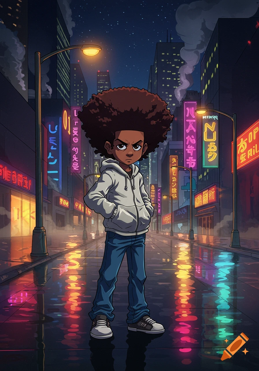 Cartoon boy with an afro, wearing a white hoodie and blue jeans, stands on a wet city street at night, with neon-lit buildings in the background. The style is reminiscent of The Boondocks.