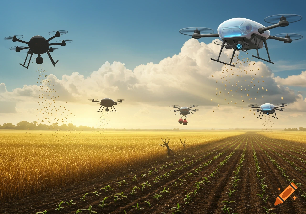 Several drones disperse seeds over sunlit golden fields and green crops under a partly cloudy sky.