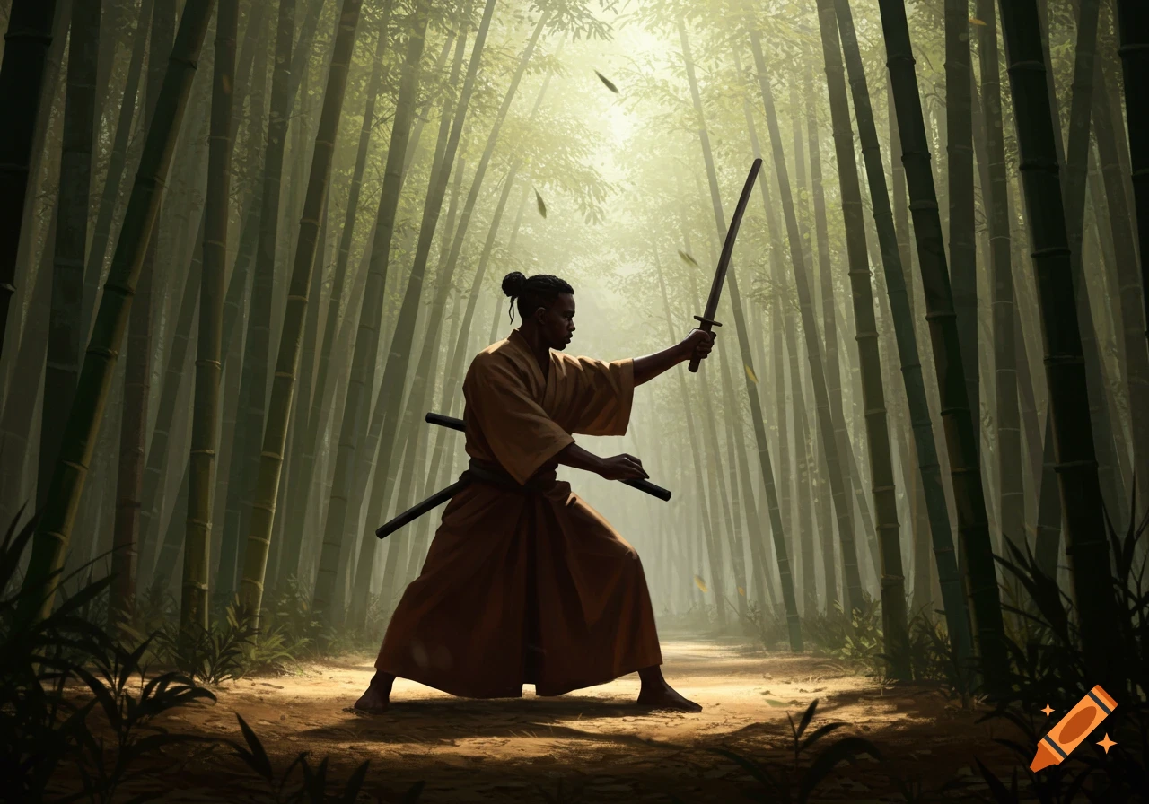 An illustrated dark-skinned samurai with dreadlocks in a brown kimono practices with a sword in a bright, misty bamboo forest.
