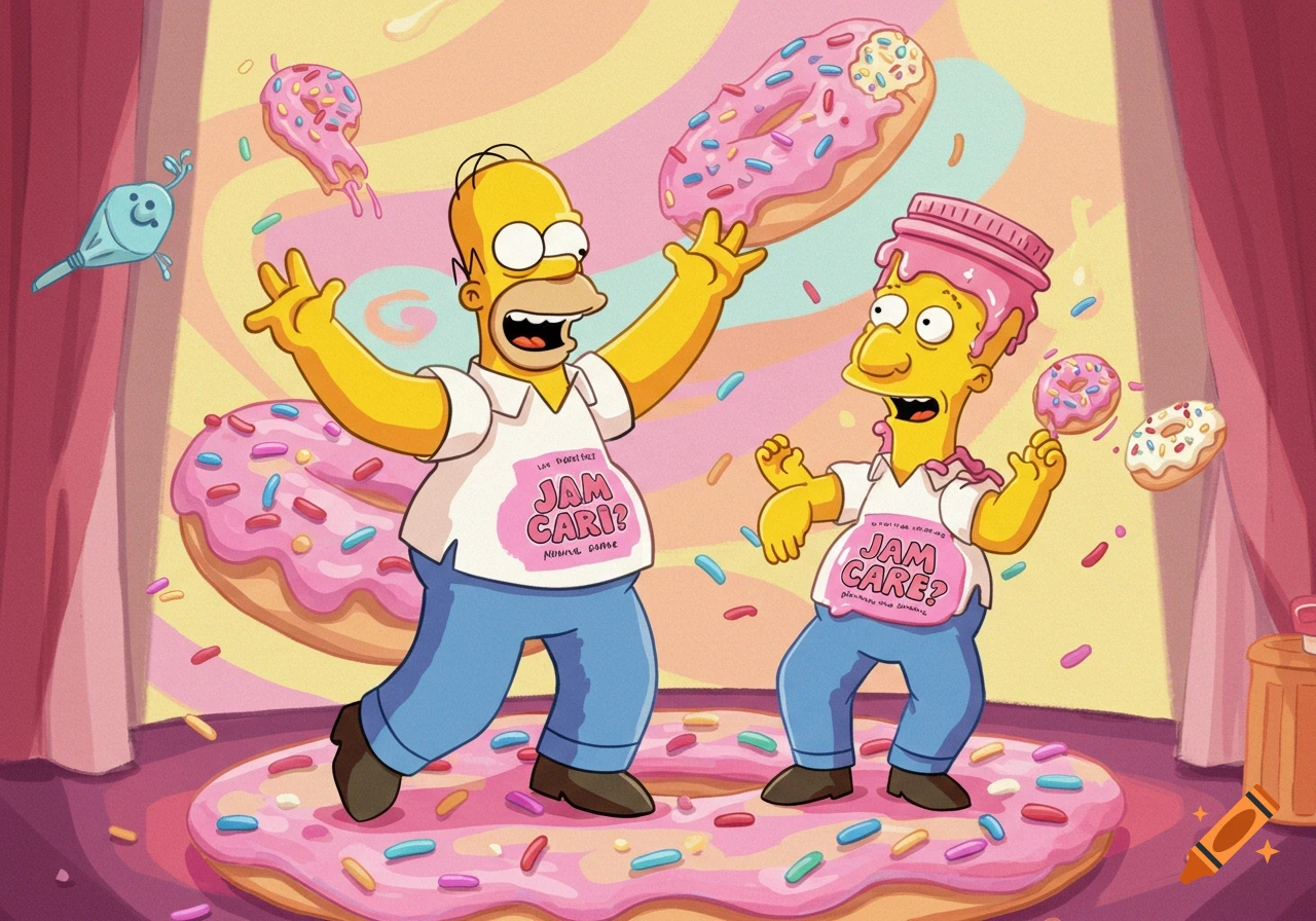 Homer Simpson and a smaller character resembling Bart, both in white shirts, enthusiastically juggle pink donuts and sprinkles in a candy-colored, whimsical cartoon setting.