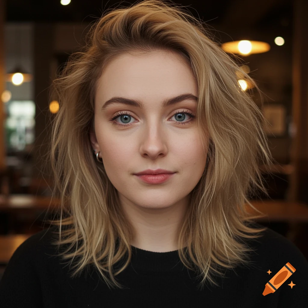 Close-up portrait of a young blonde woman with blue eyes, looking straight ahead, against a blurred background.