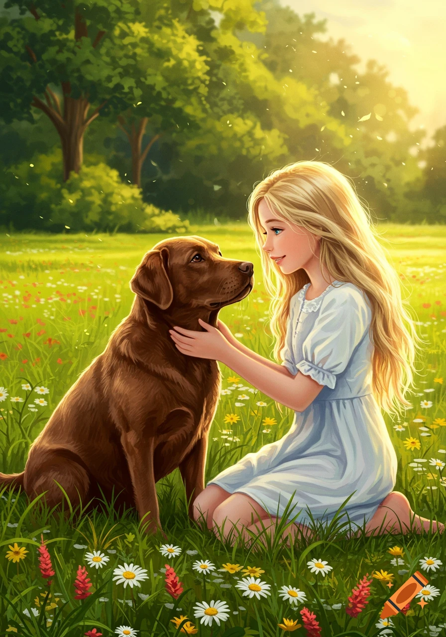 An illustration of a blonde girl in a white dress petting a brown Labrador dog in a sunny field of wildflowers.