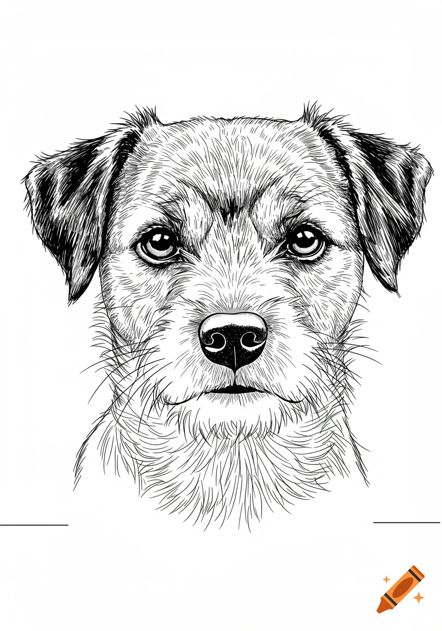 Black and white line art drawing of a Border terrier's face, looking directly forward.