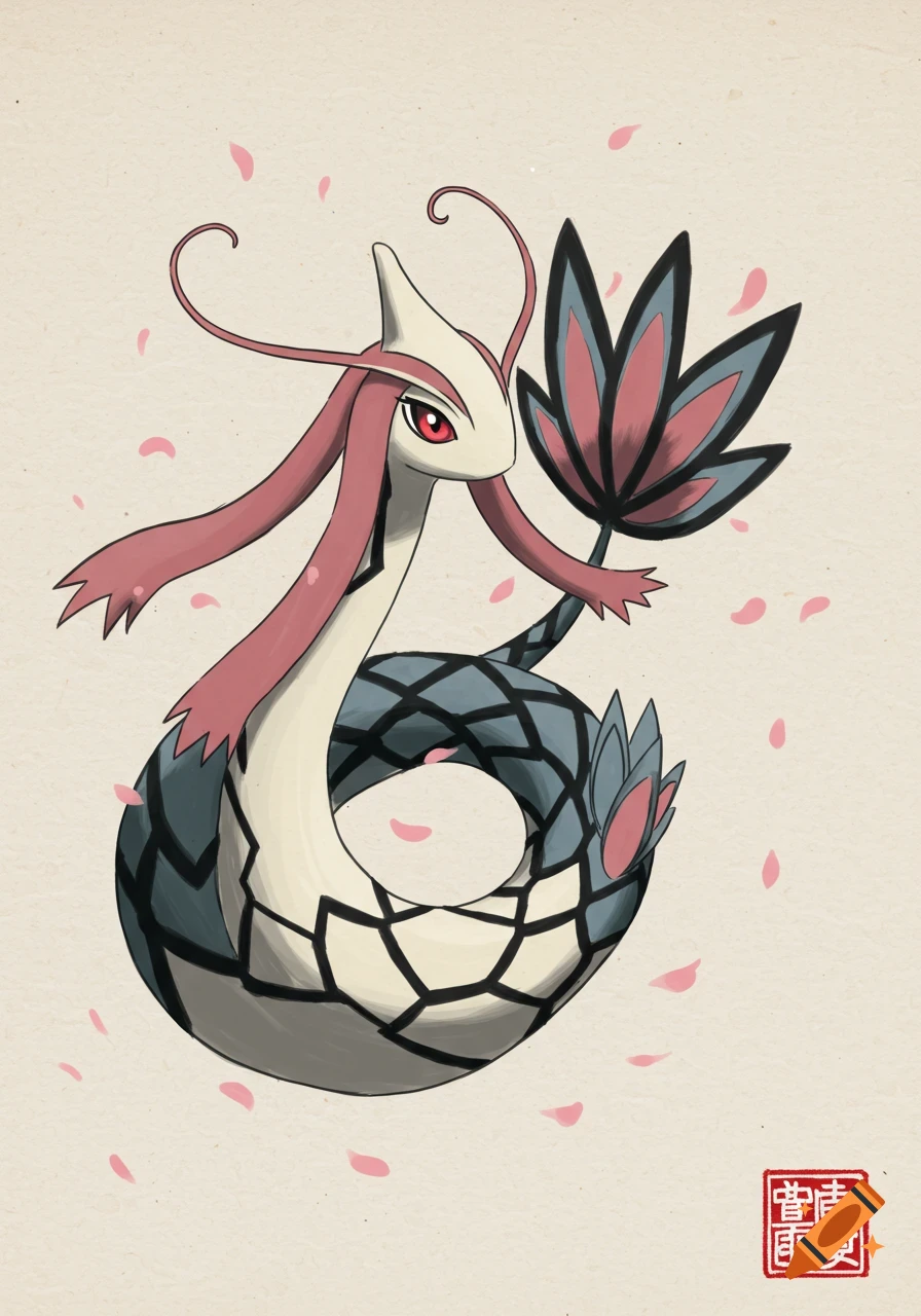 Stylized illustration of Milotic from Pok mon in a Japanese ink wash style, surrounded by falling pink petals.