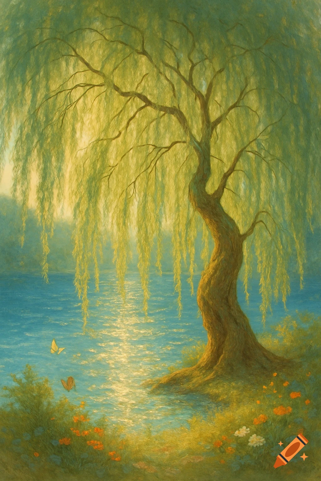 A vibrant painting of a weeping willow tree beside a sun-dappled lake, with butterflies and wildflowers in the foreground.