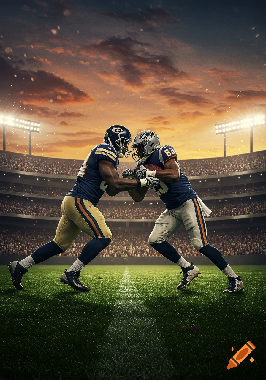 Two football players in uniforms, one in blue and gold, the other in blue and grey, engage in a tackle on a green field in a crowded stadium at sunset.