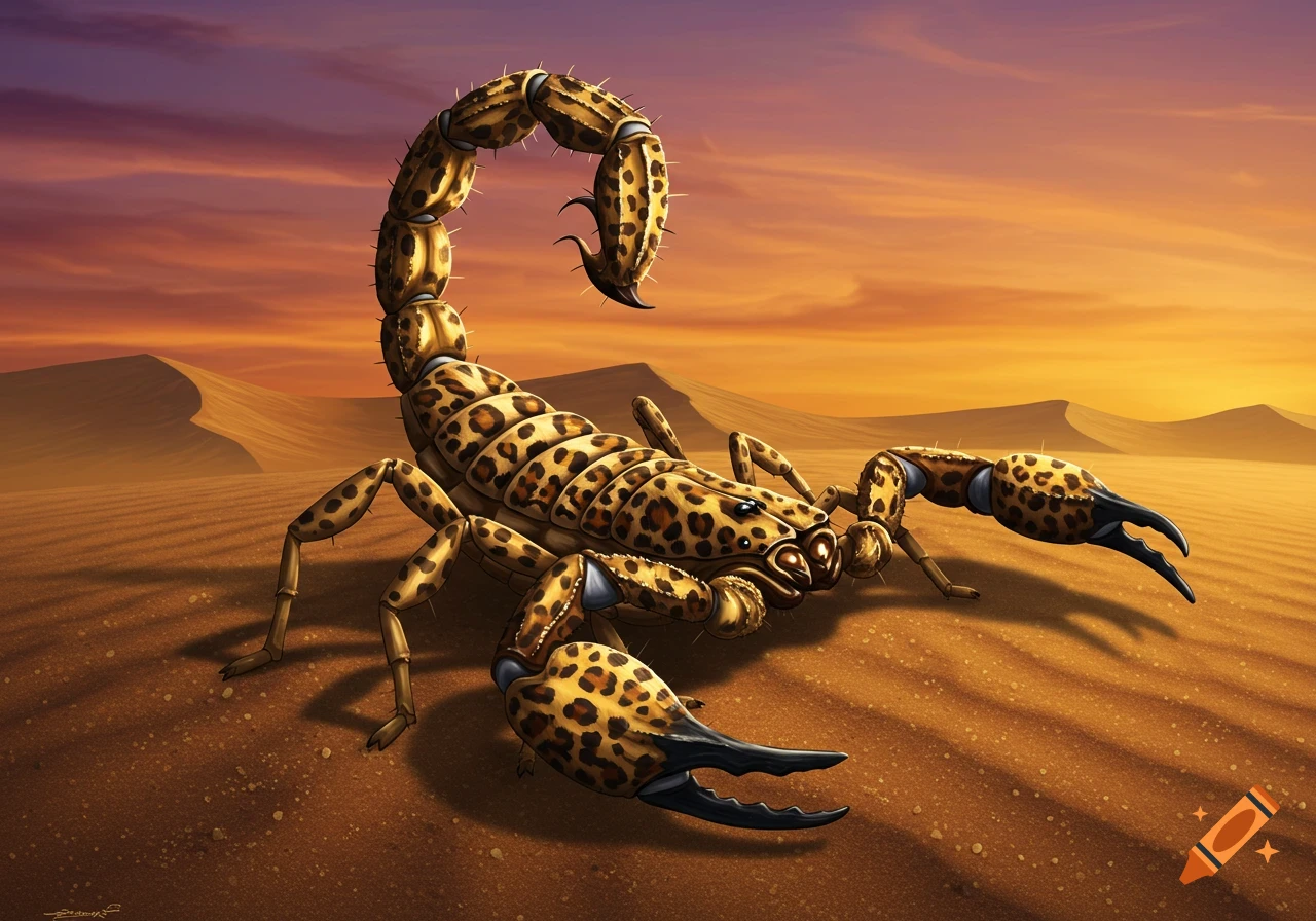 A stylized scorpion with leopard print markings stands in a desert landscape under a vibrant sunset.