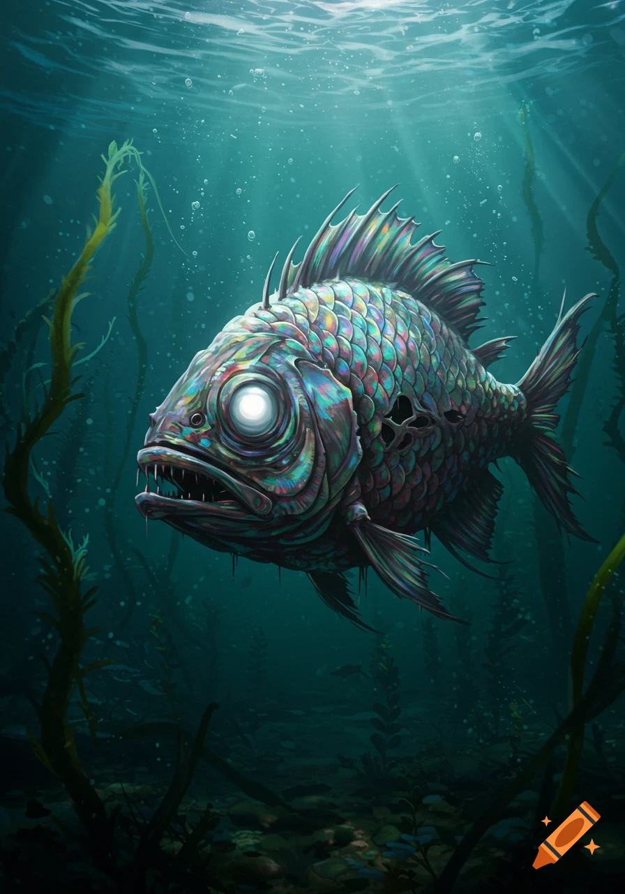 A frightening, rotting fish with rainbow iridescent scales, a glowing white eye, and sharp teeth, swims in a dark underwater scene.
