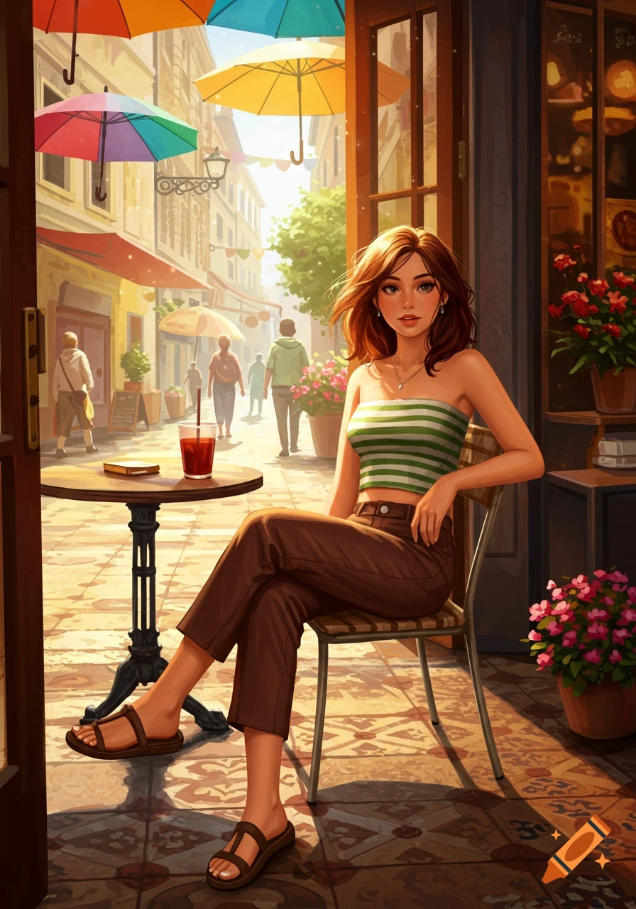 A young woman with brown hair sits at an outdoor cafe table, wearing a striped tube top and brown pants, on a sunny street with umbrellas.