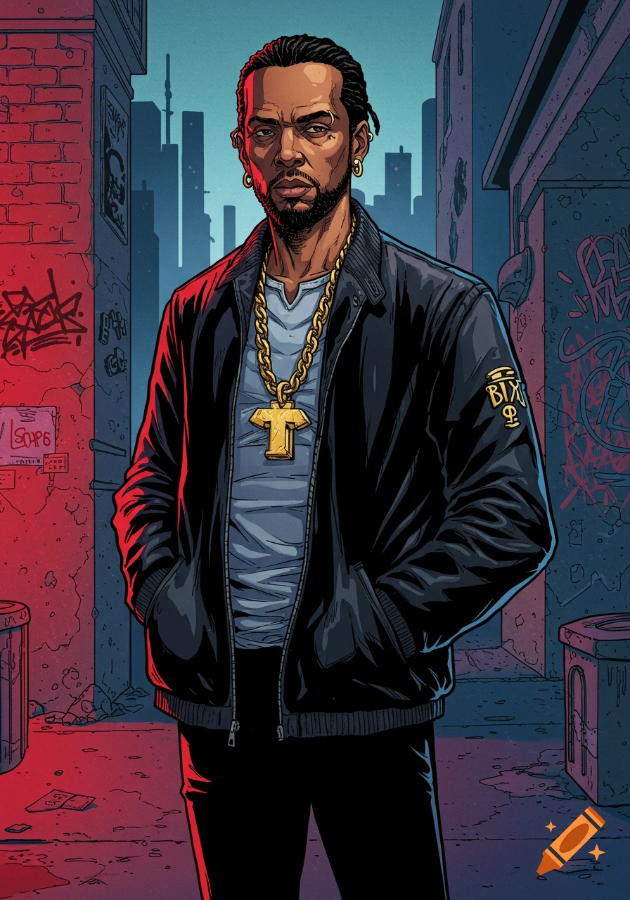 A confident man with dreadlocks, a beard, and gold chain wears a black jacket in a gritty, red-lit urban alley, in a comic book style.