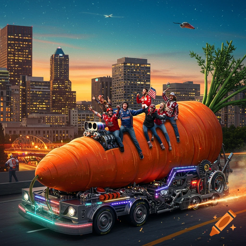 Excited NASCAR fans ride a giant, bent mechanical carrot vehicle through a city at sunset, with skyscrapers in the background.