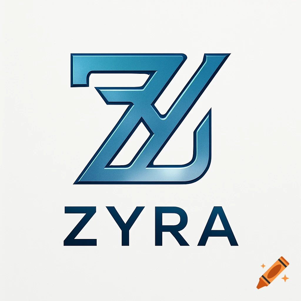 Blue stylized ZYRA logo with a custom typeface combining Z and Y above the word ZYRA.