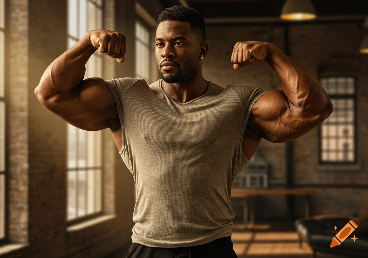 A muscular Black man with a beard flexing his huge biceps in a loft apartment.