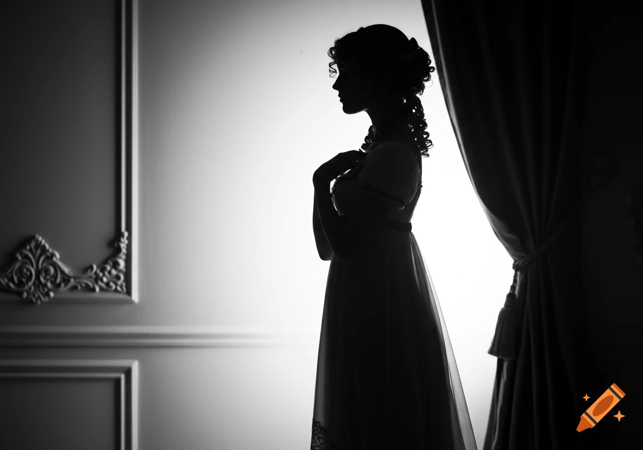 Black and white silhouette of a young woman in a Regency-era dress, standing in profile against a bright background.