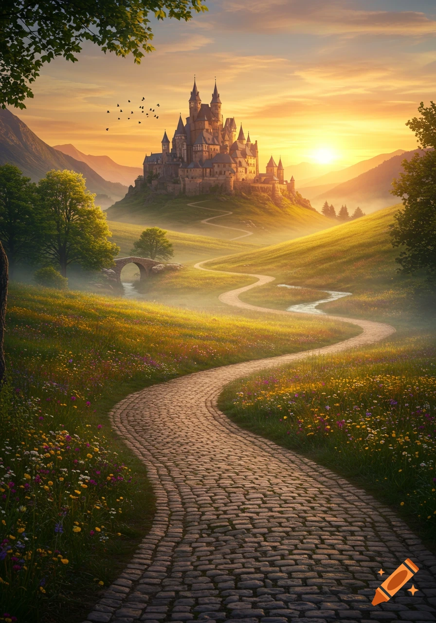 A winding cobblestone road leads through a flowery meadow to a majestic castle on a hill at sunset.