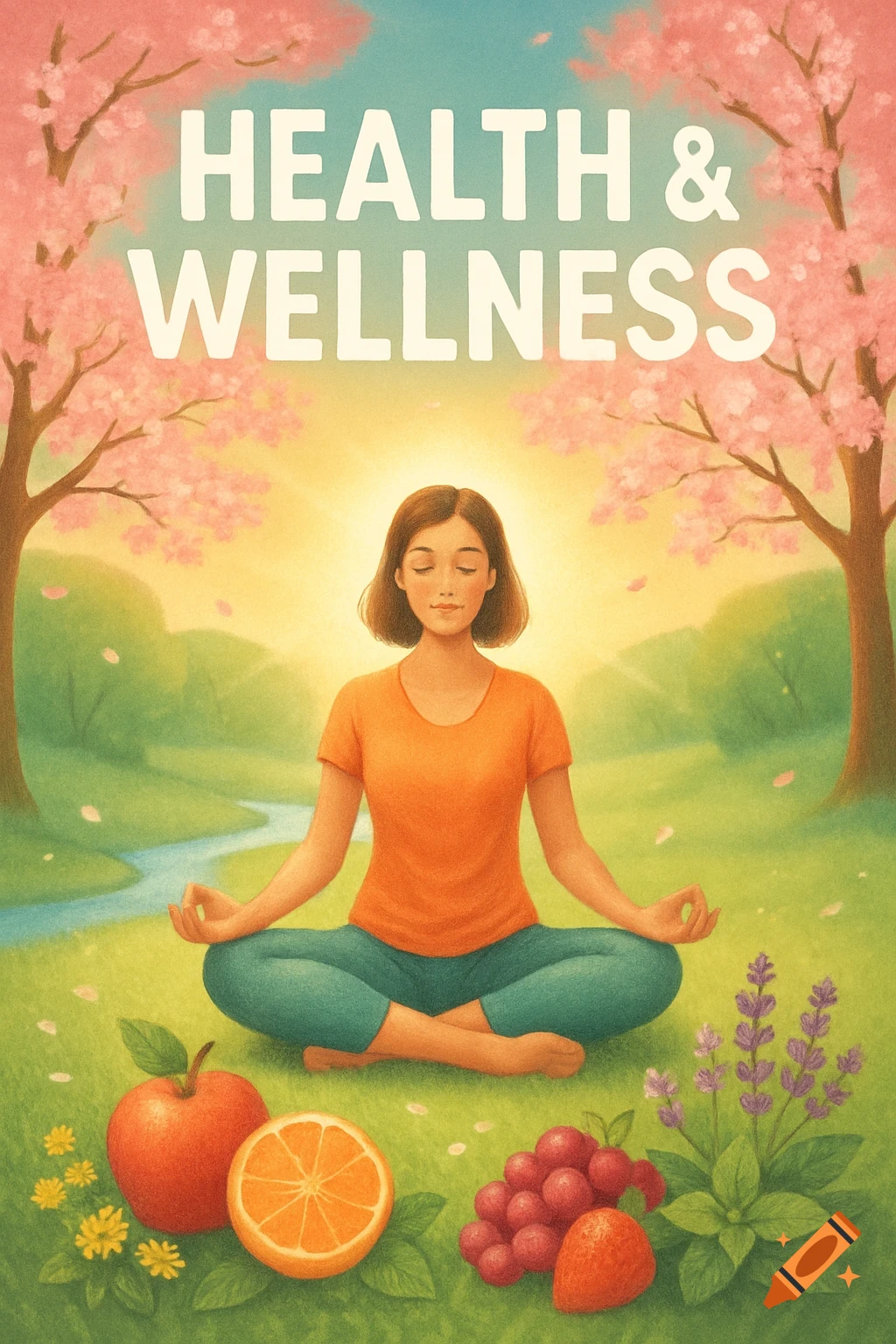 Illustrated woman meditating in a vibrant park with cherry blossoms and fruits, under the text 'HEALTH & WELLNESS'.