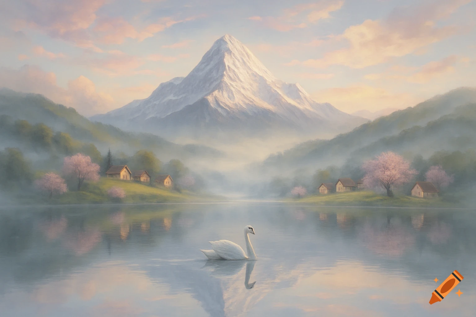 A serene painterly landscape with a swan swimming on a calm lake, surrounded by misty mountains, houses, and cherry trees.