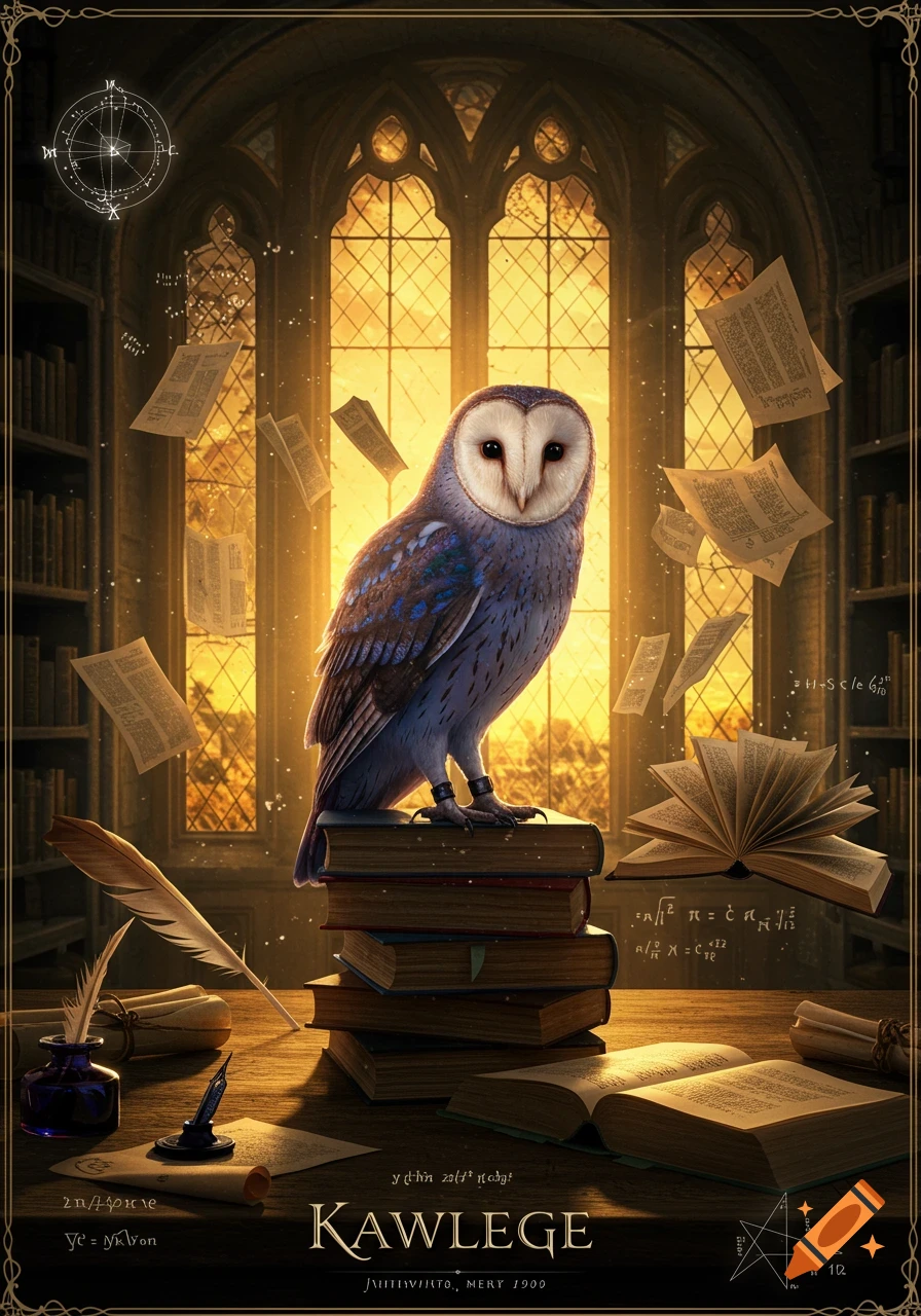 A majestic barn owl perches atop a stack of books in a grand, sunlit library, with pages and magical symbols floating around.