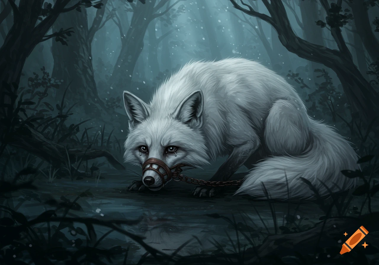 A sad, white-gray fox with a muzzle and chain around its face sits in a dark, misty forest. Stylized illustration.