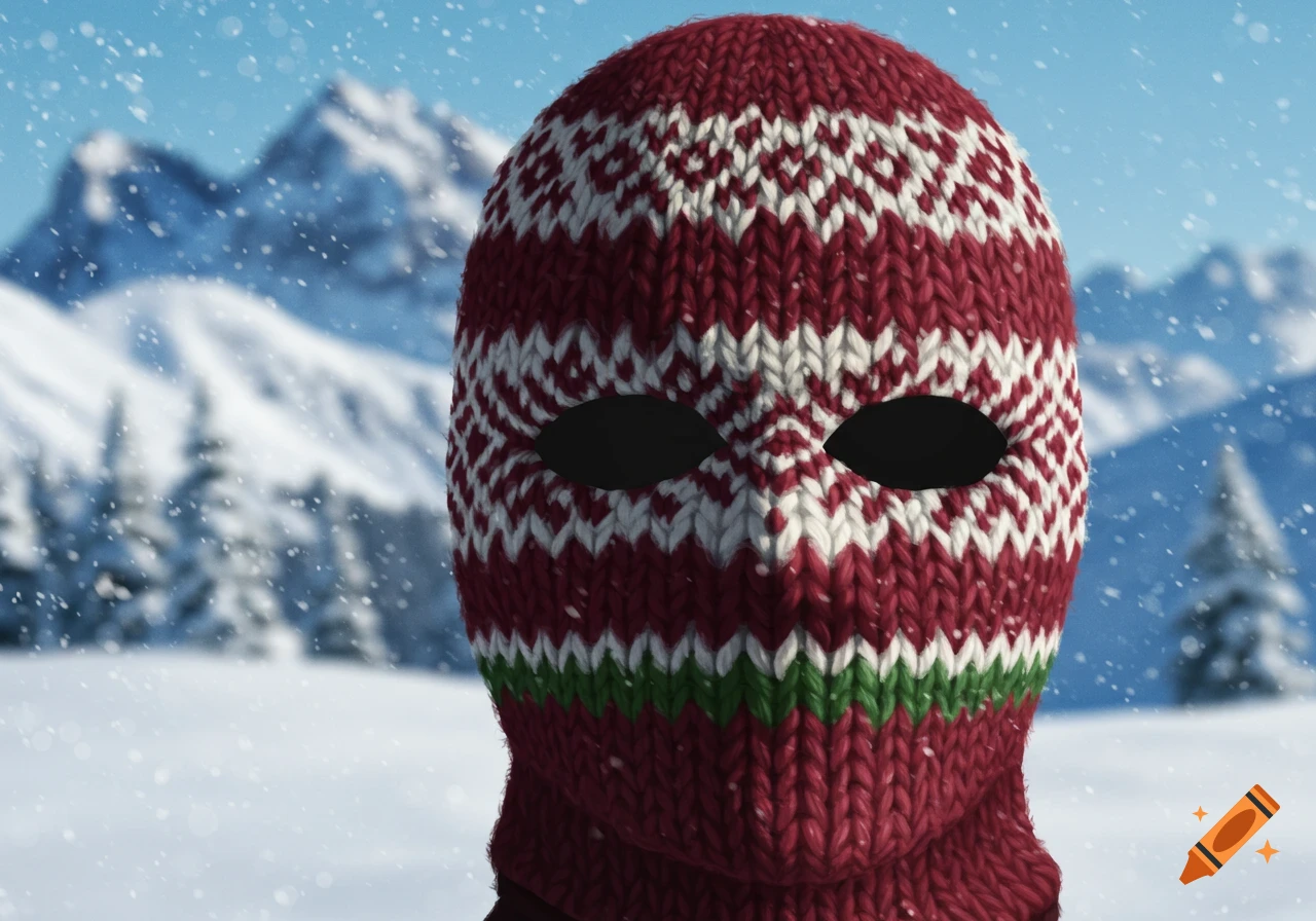 Close-up of a red, white, and green knitted ski mask with patterns, set against a snowy mountain landscape with falling snow.