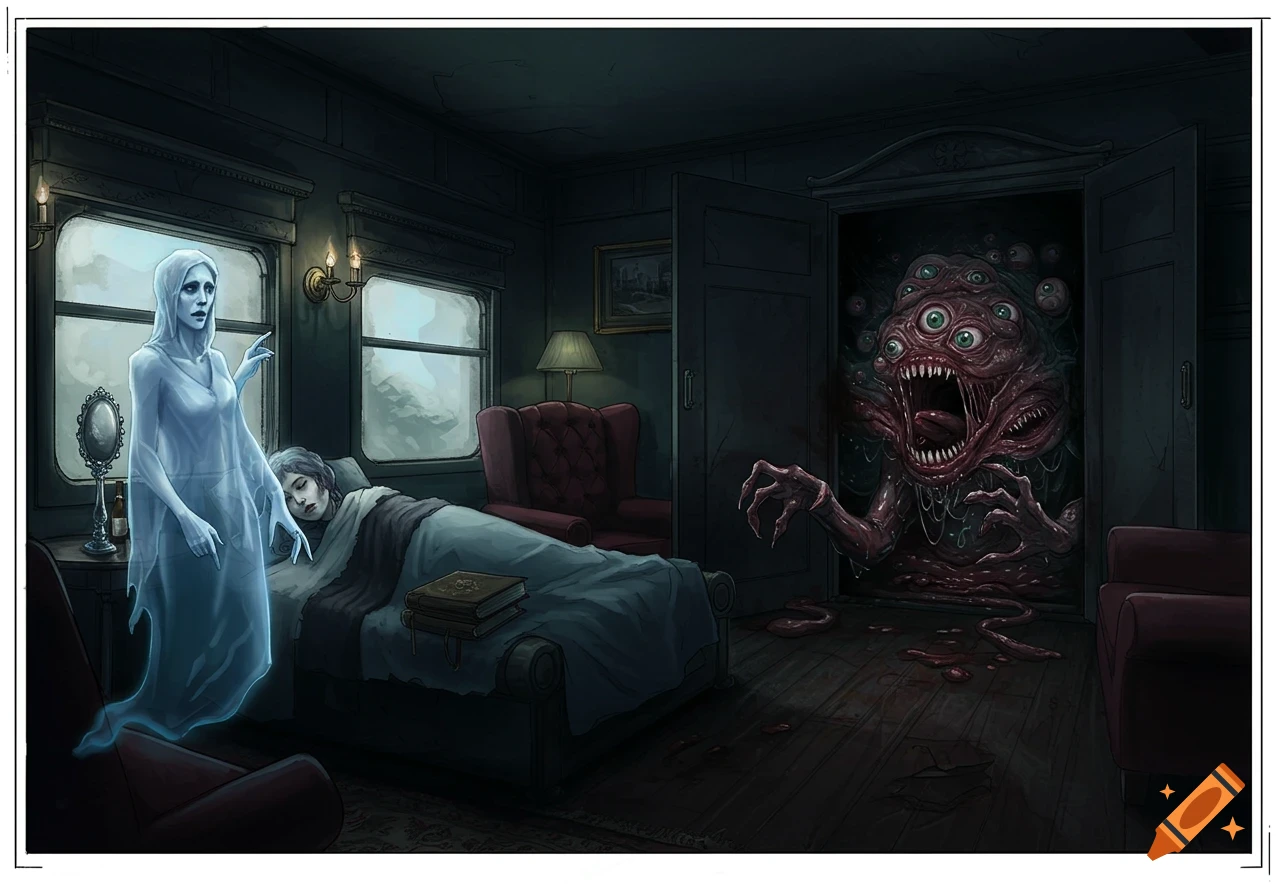 Dark fantasy illustration of a translucent ghost by a bed with a sleeping person, while a multi-eyed, multi-mouthed monster emerges from a closet in a train compartment.