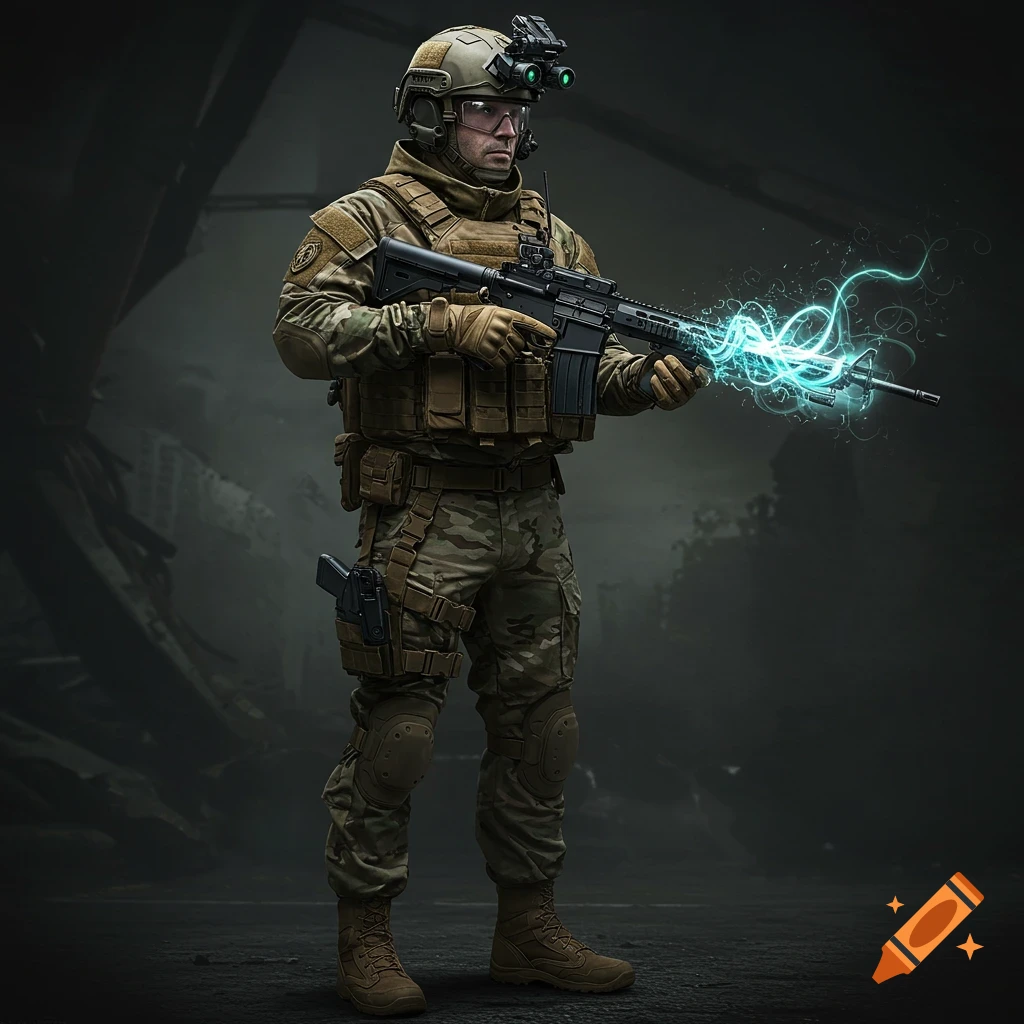 A soldier in tactical gear holds a rifle emitting blue magical energy in a dark, gritty setting.
