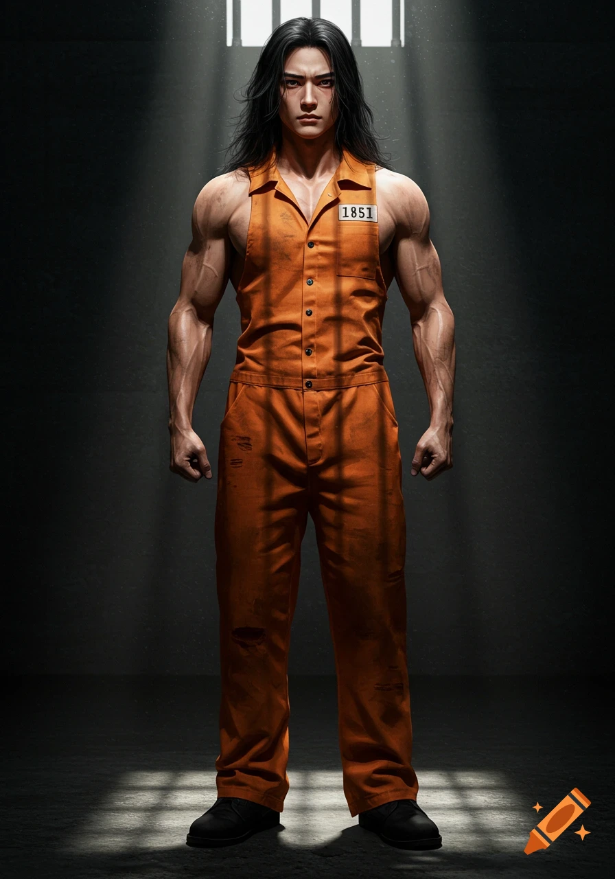 A muscular Chinese man with long black hair in dirty orange prison overalls stands in a dark cell.