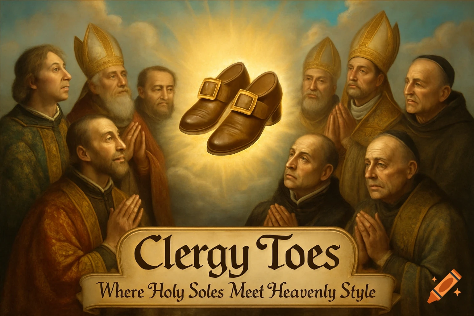 A renaissance-style painting of priests and bishops reverently looking at a glowing pair of buckle shoes, with a banner below reading 'Clergy Toes: Where Holy Soles Meet Heavenly Style'.